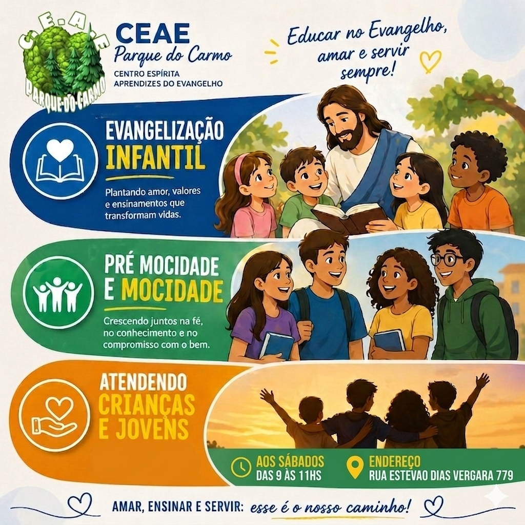 Evangelizacao pre mocidade e mocidade aos sábados das 9 às 11 hs